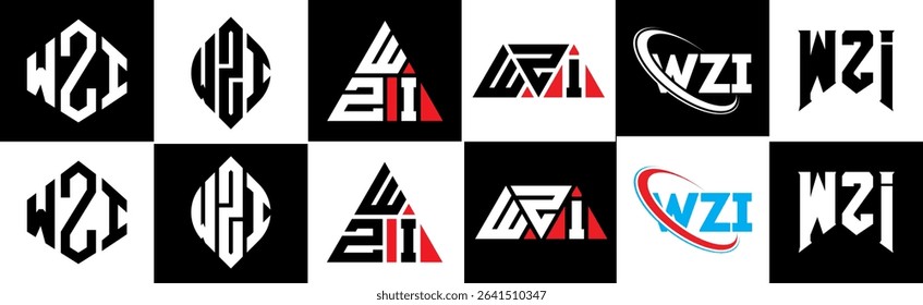 WZI letter logo design in six style. WZI polygon, circle, triangle, hexagon, flat and simple style with black and white color variation letter logo set in one artboard. WZI minimalist and classic logo