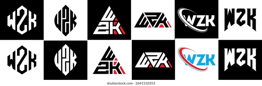 WZK letter logo design in six style. WZK polygon, circle, triangle, hexagon, flat and simple style with black and white color variation letter logo set in one artboard. WZK minimalist and classic logo