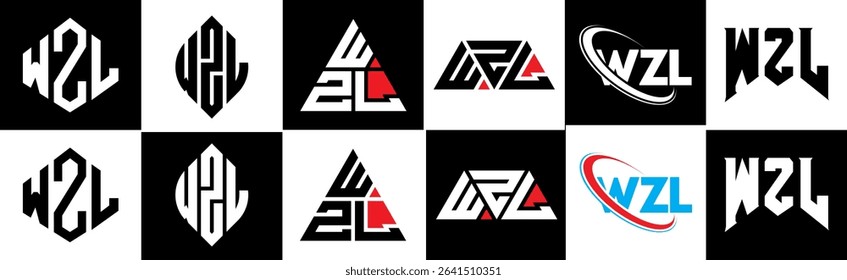 WZL letter logo design in six style. WZL polygon, circle, triangle, hexagon, flat and simple style with black and white color variation letter logo set in one artboard. WZL minimalist and classic logo