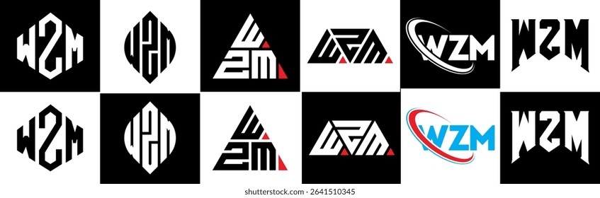 WZM letter logo design in six style. WZM polygon, circle, triangle, hexagon, flat and simple style with black and white color variation letter logo set in one artboard. WZM minimalist and classic logo