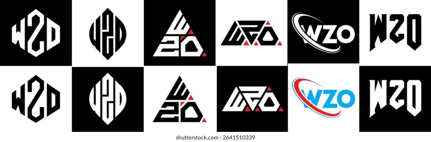 WZO letter logo design in six style. WZO polygon, circle, triangle, hexagon, flat and simple style with black and white color variation letter logo set in one artboard. WZO minimalist and classic logo