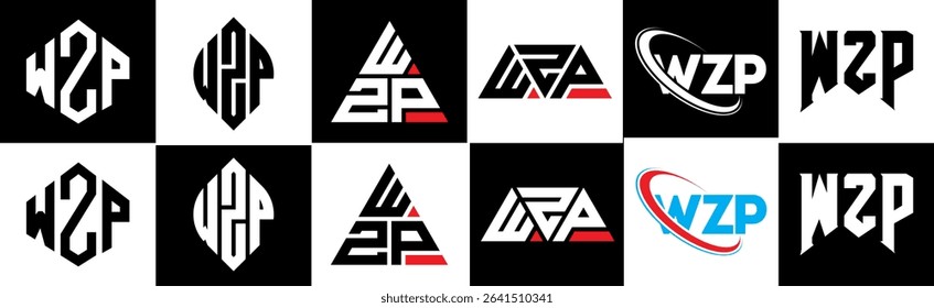 WZP letter logo design in six style. WZP polygon, circle, triangle, hexagon, flat and simple style with black and white color variation letter logo set in one artboard. WZP minimalist and classic logo