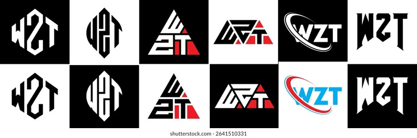 WZT letter logo design in six style. WZT polygon, circle, triangle, hexagon, flat and simple style with black and white color variation letter logo set in one artboard. WZT minimalist and classic logo