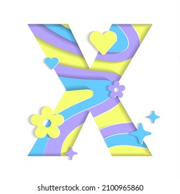 X Alphabet Abstract Paper Lively Flower Heart Sparkle Shine Yellow Blue Violet Lilac Purple Mountain Geography Contour Map 3D Layer Line Cutout Card Web Banner
