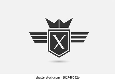 X alphabet letter logo icon for company in black and white. Creative badge design with king crown wings and shield for corporate and business