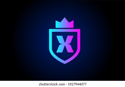 X alphabet letter logo icon for business. Company design with king crown and shield in gradient color for corporate identity