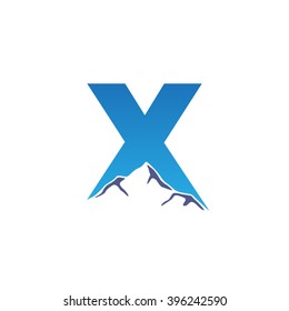 X alphabet mountain negative space letter logo blue