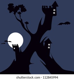 X, in the alphabet set. Halloween full moon night background with haunted house and dead trees