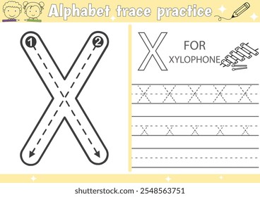 
X alphabet tracing practice worksheet and Xylophone coloring book page with outline vector for Pre-school Kids