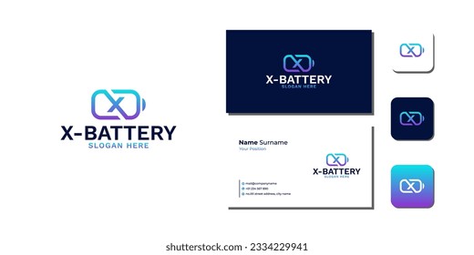 X Battery Technology Logo Bundle With Business Card And Icon vectors