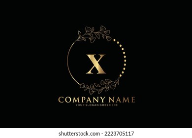 X Beauty vector initial logo, Golden floral letters with flowers leaves and gold splatters isolated on white background. Vector illustration for wedding, greeting cards, invitations template design