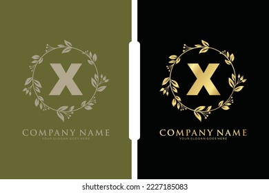 X Beauty vector initial logo, Golden floral letters with flowers leaves and gold splatters isolated on white background. Vector illustration for wedding, greeting cards, invitations template design
