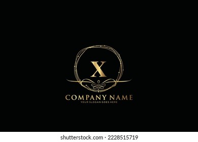 X Beauty vector initial logo, Golden floral letters with flowers leaves and gold splatters isolated on white background. Vector illustration for wedding, greeting cards, invitations template design
