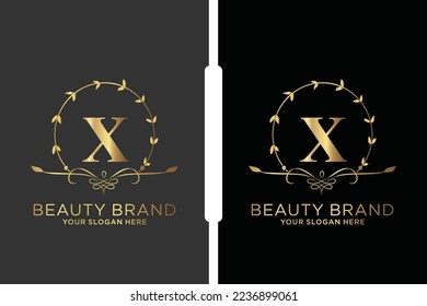 X  Beauty vector initial logo, Golden floral letters with flowers leaves and gold splatters isolated on white background. Vector illustration for wedding, greeting cards, invitations template design