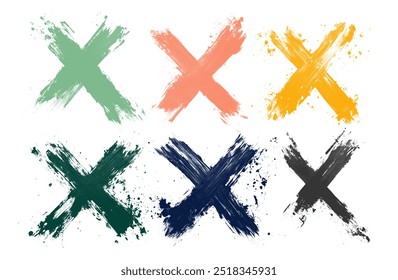 Conjunto de cruz negra croquis grunge. Dibujado a mano cruzado Tachar a través de trazos de pincel texturizados. Símbolos de punto de mira líneas dibujadas a mano de carbón o marcadores salpicaduras de tinta negra. colección de la Ilustración vectorial