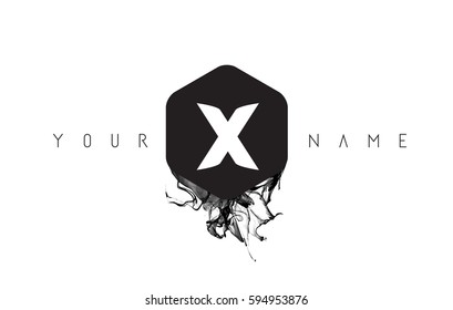 X Black Ink Letter Logo Design with Rounded Hexagon Vector. 