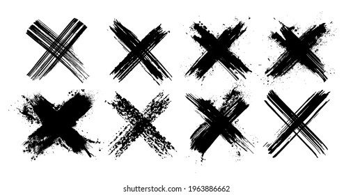 X black mark collection. Eight very detailed and different crosses. Cross sign from brush strokes. Grunge set X. Hand drawn crossed brush strokes. Vector set 