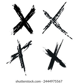 X black mark in grunge style. Hand crossed brush strokes. Crosshair symbols in brush style with black ink splashes. Graphic symbol of the cross sign. Set of vector X signs, grunge graphics collection