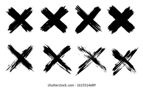 X black mark set. 8 highly detailed and different crosses. Hand drawn crossed brush strokes. Cross sign graphic symbol. High quality manually traced. Vector X mark set