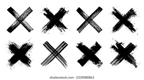 X black mark set in grunge style. Hand drawn crossed brush strokes. Crosshairs symbols in brush style with black ink splashes. Cross sign graphic symbol. Vector X mark set, grunge graphic collection