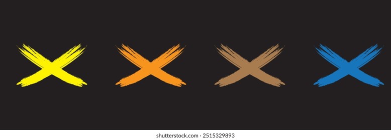 Marca preta em X definida no estilo grunge. Traços de pincel cruzados desenhados à mão. Mira símbolos no estilo pincel com manchas de tinta preta. Símbolo gráfico de sinal cruzado. Conjunto de marcas X vetoriais, coleção de gráficos grunge