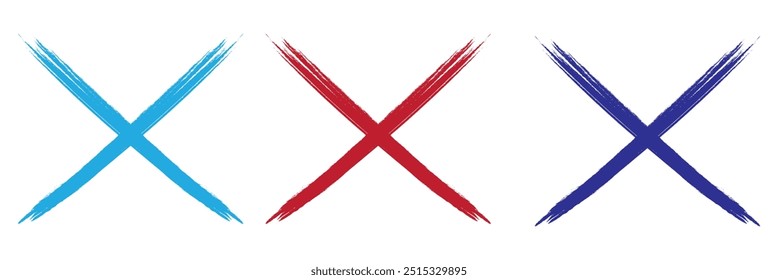 X black mark set in grunge style. Hand drawn crossed brush strokes. Crosshairs symbols in brush style with black ink splashes. Cross sign graphic symbol. Vector X mark set, grunge graphic collection