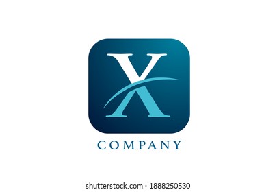 X blue alphabet letter logo for company and corporate. Rounded square design with swoosh. Can be used for an app or button icon