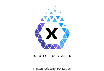 X Blue Hexagon Letter Logo Design with Blue Mosaic Triangles Pattern.