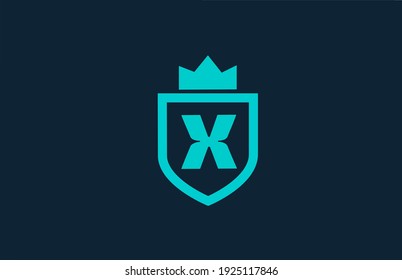 X blue shield alphabet logo icon for company with letter. Creative design for corporate and business with king crown