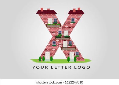 X building letter vector illustration.  House letter with windows, balcony, doors, roof, bricks, chimneys and flowers for logo, label, cover, brochure, card, real estate agency or web page design.