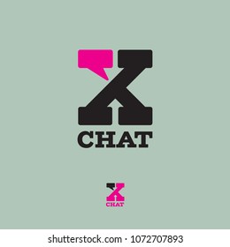 X chat, secret chat logo. Letter X with a comic bubble. Conversation, correspondence, secret emblems. A black letter with a pink bubble.