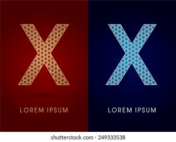 X, check mark ,Luxury font ,designed using gold and silver geometric on dark red and dark blue background, concept shape from screws,hexagon,honeycomb, jewelry,gems,logo,symbol,icon,graphic,vector.