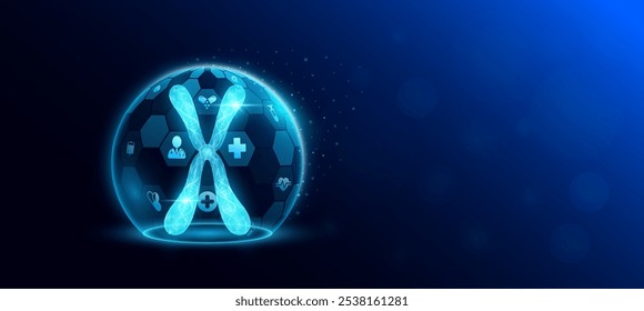 X Chromosome cell DNA human inside transparent dome shield protection futuristic with medical icon. Health care. Empty space for text. Medical science banner. Vector EPS10.