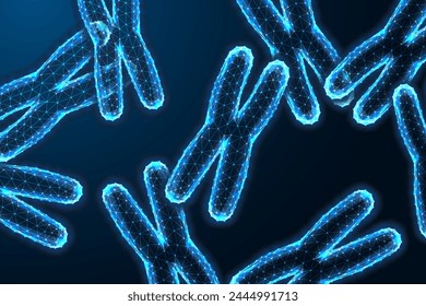 X Cromosomas bajo el microscopio sobre fondo azul oscuro en estilo poligonal brillante futurista bajo. Anuncio de conceptos de ingeniería genética futurista. Ilustración vectorial de diseño de conexión abstracta moderna.