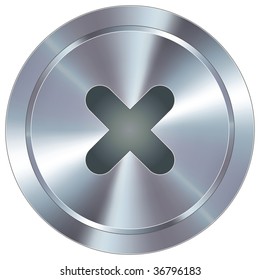 X Or Close Icon On Round Stainless Steel Modern Industrial Button Suitable For Use As A Website Accent, On Promotional Materials, Or In Advertisements.