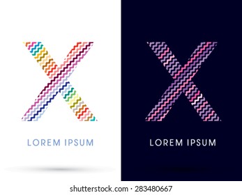 X ,Colorful font designed using zigzag line, graphic vector.