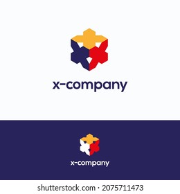 X company logo. X letter 3d logo template. Hexagon cube logotype with letter x