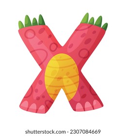 X consonant letter dino font. Dinosaur alphabet, cute dino effect red letter sign, abc for kids, nursery, birthday party design cartoon vector illustration