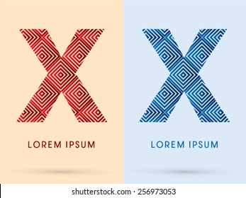 X, cross, check mark,Luxury font, designed using red and blue line square geometric shape, hot and cool tone, logo, symbol, icon, graphic, vector.