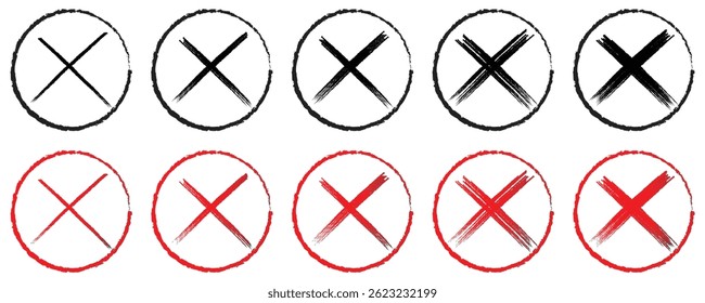 X cross, circle Hand drawn x marks, Vector illustration eps 10, Vector grunge X mark. Red X is painted on a white background. 