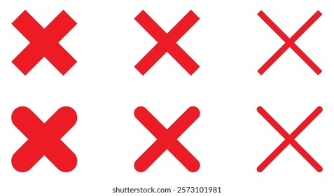 X cross mark icon collection. Set of cross x mark vector icons red color. Wrong mark sign. Cross sign symbol. cross x for check box. False icon sign symbol. Reject and cancel vector illustration.