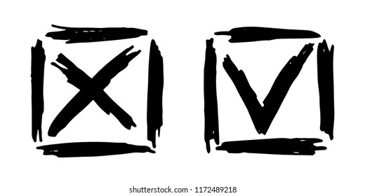 X cross and tick check marks, approval black and white signs design. X and OK symbol icons in square check boxes. Check list marks, choice options, test, quiz or survey scribble signs.