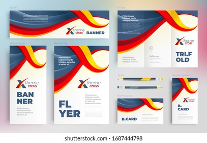 X cross waves theme Set flyer cover, tri-fold, banner, roll up banner, business card