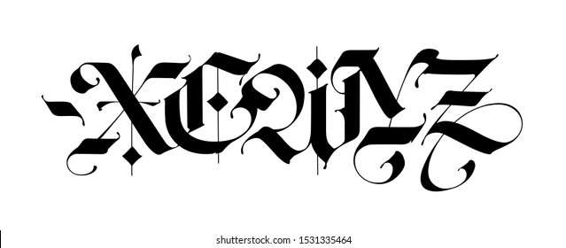 X, e, w, y, z in the Gothic style. Vector. Letters and symbols on a white background. Calligraphy with black marker. Medieval latin letters. Elegant font for tattoos. Ancient Germanic style.