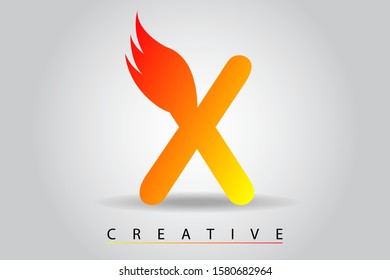 X flame letter with fire red and yellow gradient. Fire letter template for logo, monogram, symbol, emblem, label, concept, branding, caution, warning or web page graphic design element. Vector.