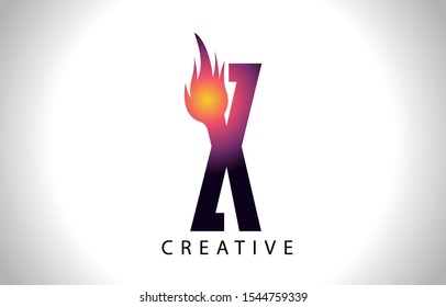 X Flame Letter Logo Icon Design With Fire Flame. Creative Look Vector Illustration in Purple Magenta Colors.