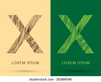 X, Font, concept line stroke , wood and leaf, grass, graphic vector.