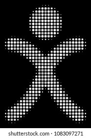 X generation boy halftone vector icon. Illustration style is dot iconic x generation boy symbol on a black background. Halftone structure is made from circle dots.