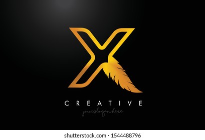 X Golden Gold Feather Letter Logo Icon Design With Feather Feather Creative Look Vector Illustration in Golden Metal Colors.