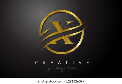 X Golden Letter Logo Design with Circle Swoosh and Gold Metal Texture. Creative Metal Gold  A Letter Design Vector Illustration.